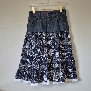 Vintage Mixed Media Denim Floral Midi Skirt, Cottage Western Prairie, Size M